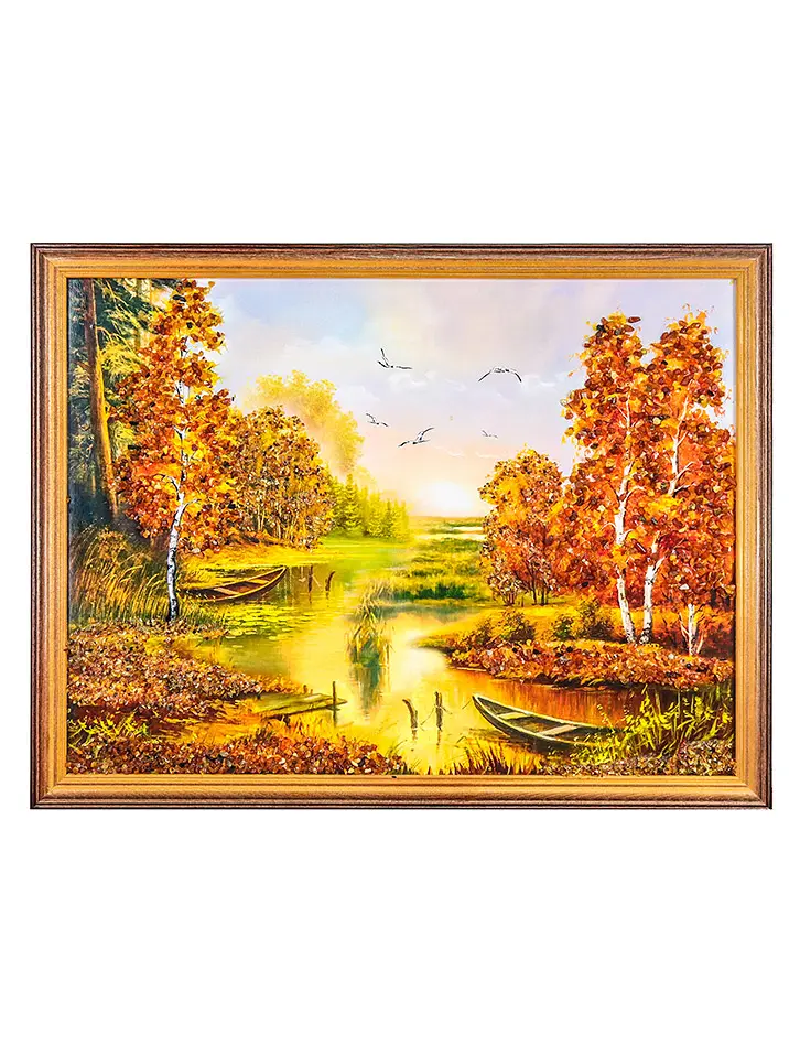 картинка Великолепный пейзаж с натуральным балтийским янтарём «Изумрудная дымка» 33 см (В) х 43 см (Ш) в онлайн магазине