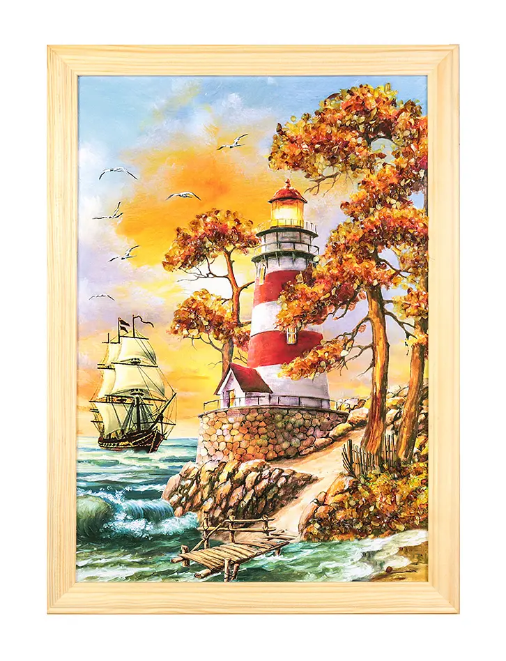 картинка Картина с натуральным балтийским янтарём «У маяка» 32 (В) х 23 (Ш) в онлайн магазине