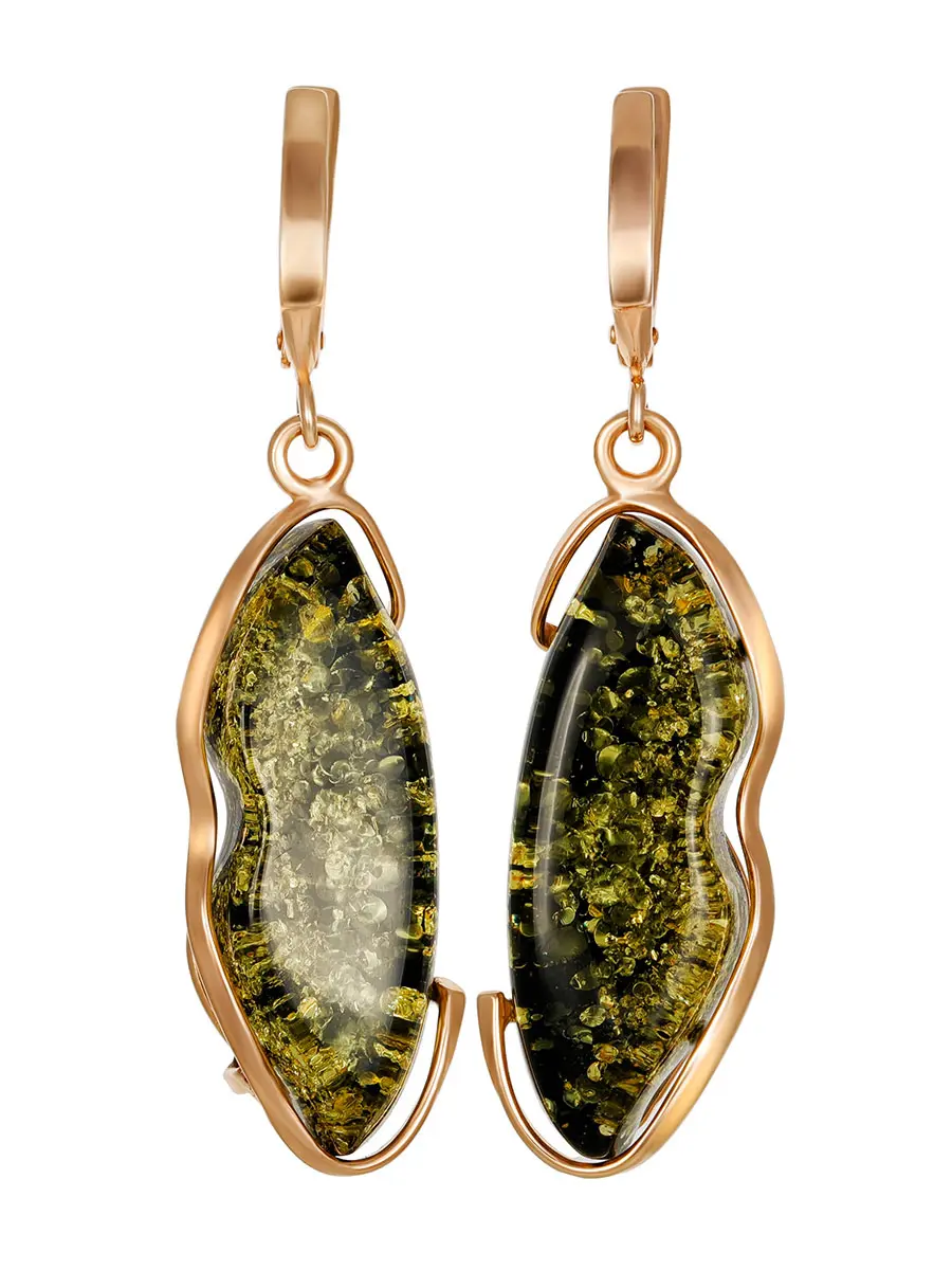 картинка Серьги из цельного зелёного янтаря в позолоченном серебре «Лагуна» в онлайн магазине