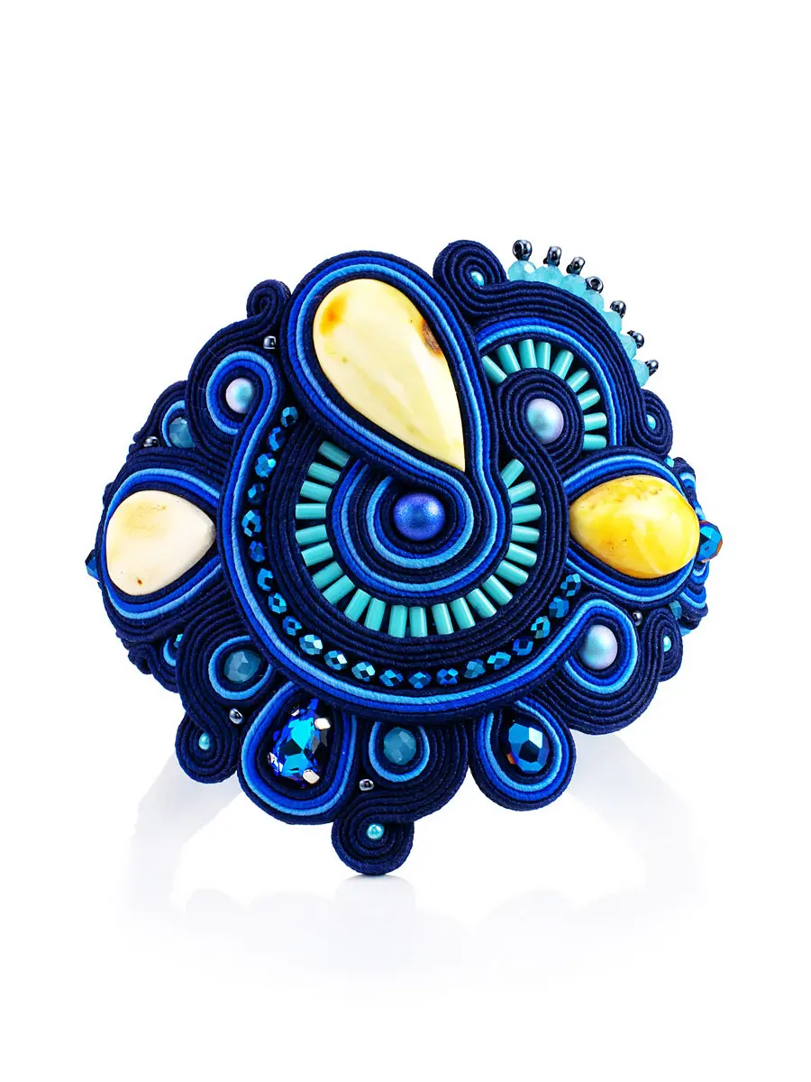картинка Плетёный браслет синего цвета «Индия» с натуральным цельным янтарём и бисером в онлайн магазине