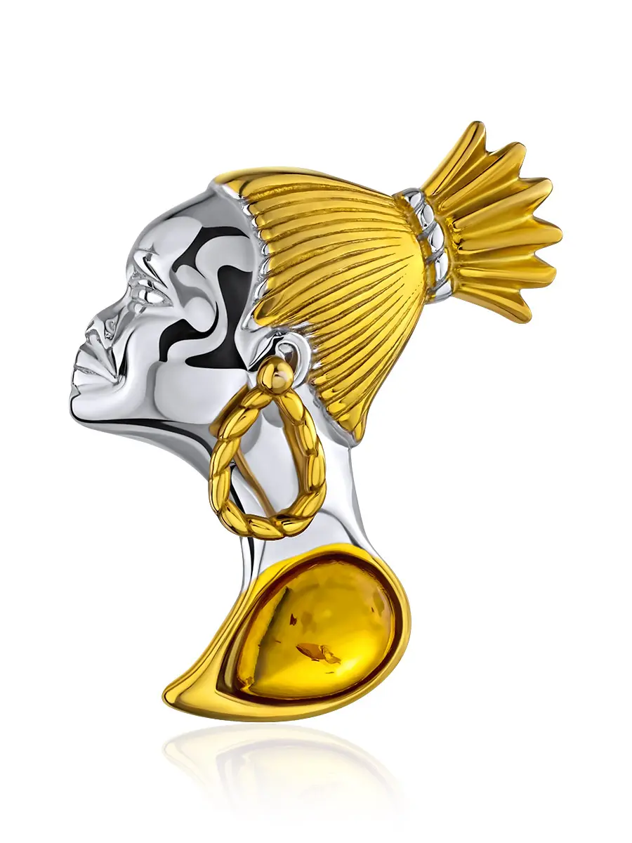 картинка Необычная брошь-кулон «Эфиопка» из золотистого янтаря в онлайн магазине