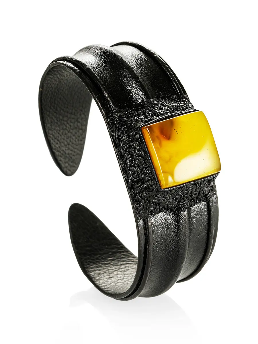 картинка Роскошный браслет из кожи, украшенный медовым янтарём «Нефертити» в онлайн магазине