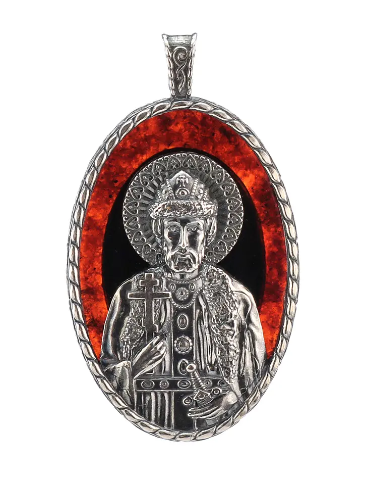 картинка «Святой благоверный князь Игорь». Подвеска-образок из полупрозрачного янтаря вишнёвого цвета в онлайн магазине