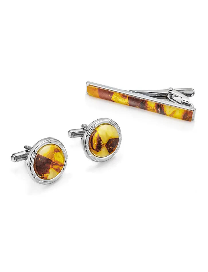 картинка Комплект из круглых запонок и зажима для галстука с янтарем в онлайн магазине