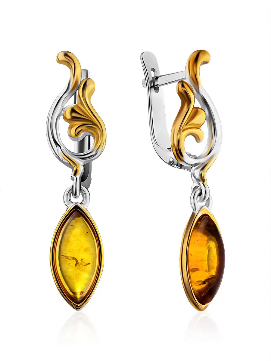 картинка Лёгкие ажурные серьги из позолоченного серебра «Валетта» с янтарём золотистого цвета в онлайн магазине