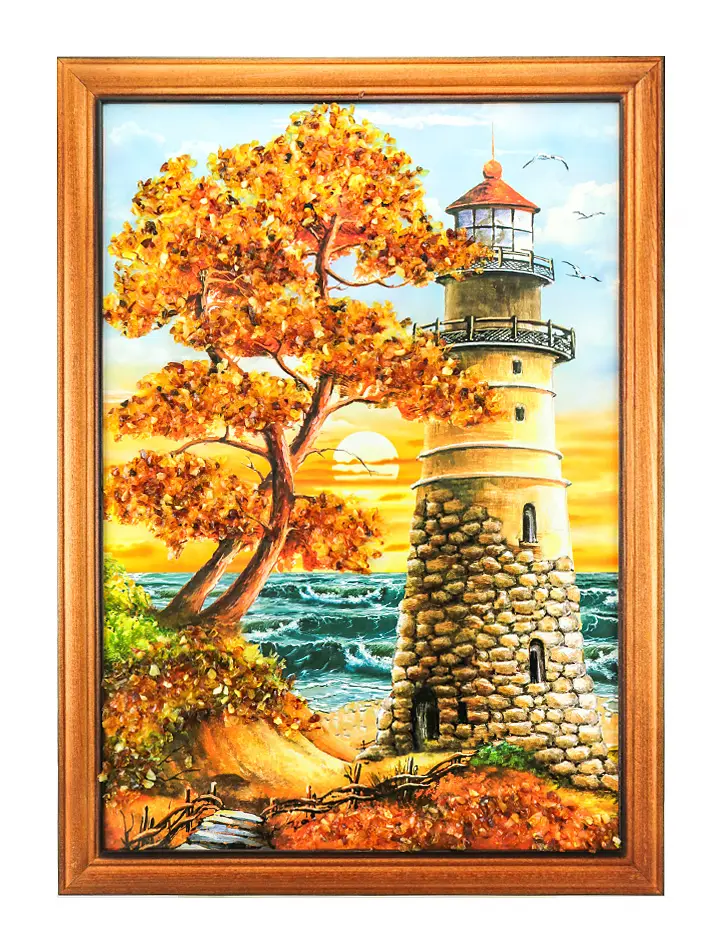 картинка «Каменный маяк». Вертикально ориентированная картина, украшенная янтарем в онлайн магазине