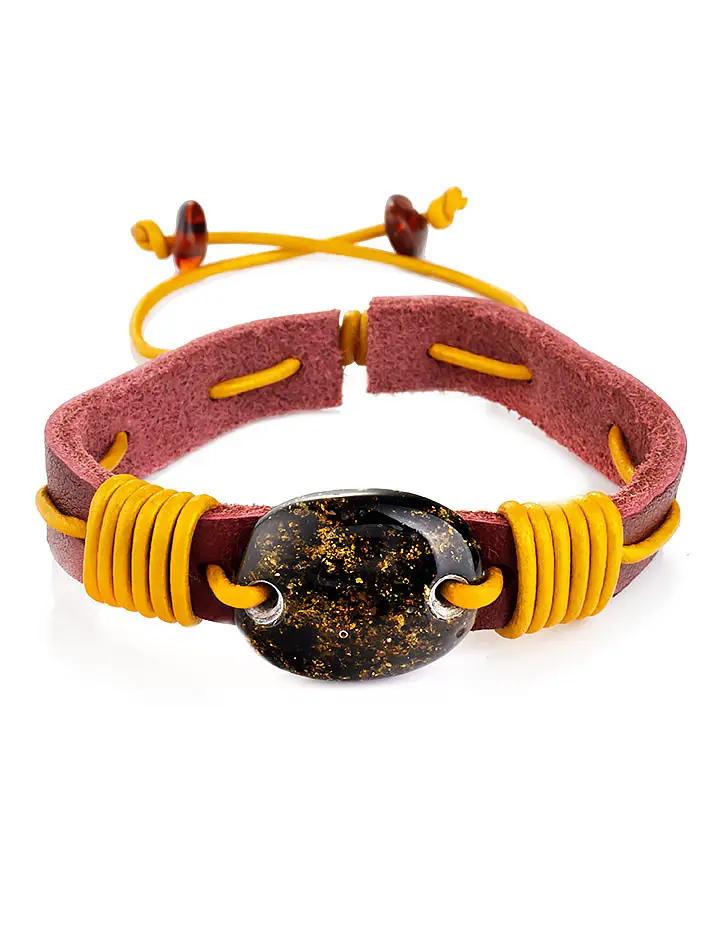картинка Браслет из кожи малинового цвета с цельным кусочком янтаря «Копакабана» в онлайн магазине