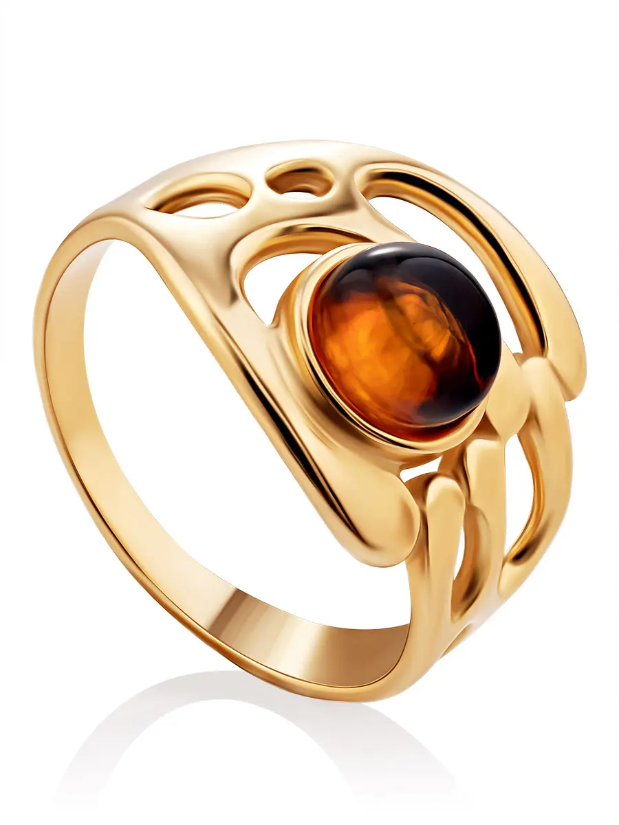 картинка Необычное позолоченное кольцо «Иллюзия» с натуральным коньячным янтарём в онлайн магазине