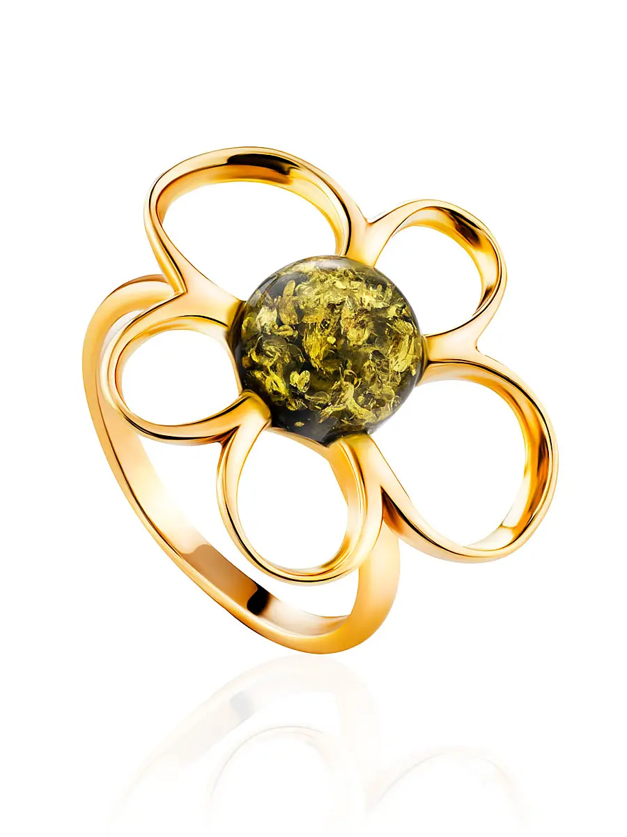 картинка Ажурное кольцо из золота и янтаря зелёного цвета «Ромашка» в онлайн магазине