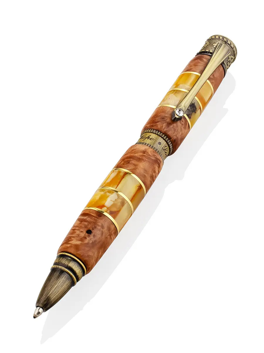 картинка Необычная ручка из карельской берёзы, украшенная натуральным янтарём в онлайн магазине