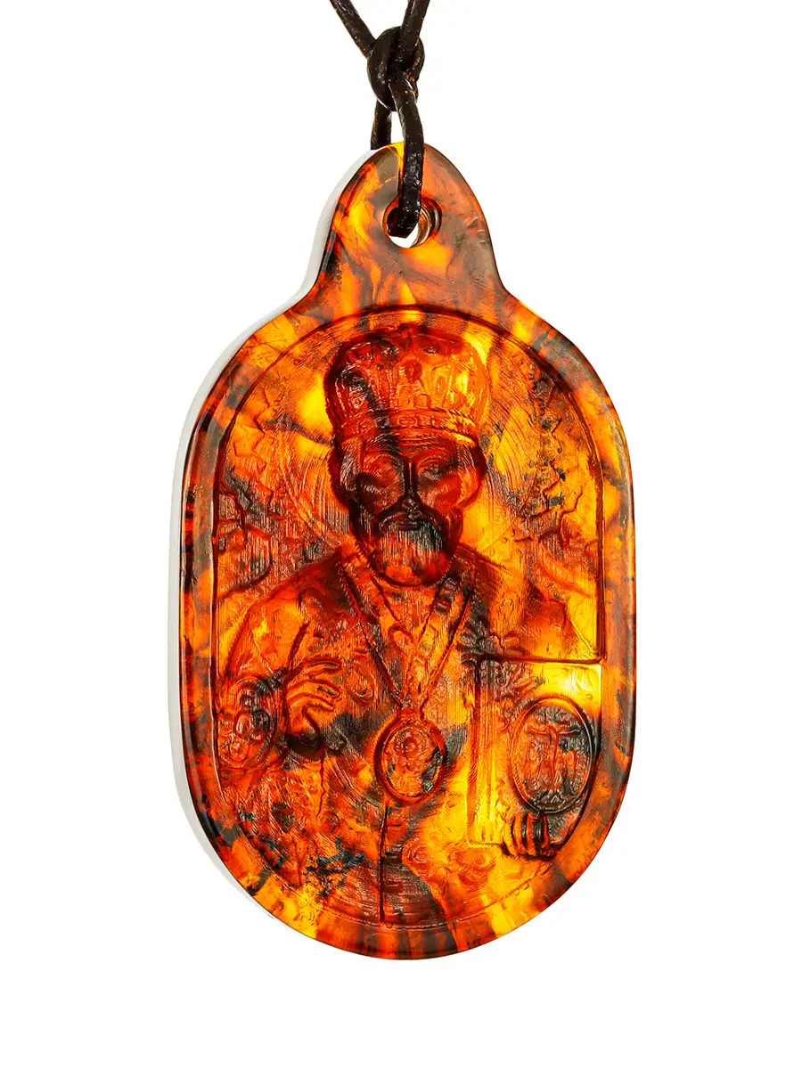 картинка Подвеска-резьба из натурального формованного янтаря «Николай Чудотворец» в онлайн магазине