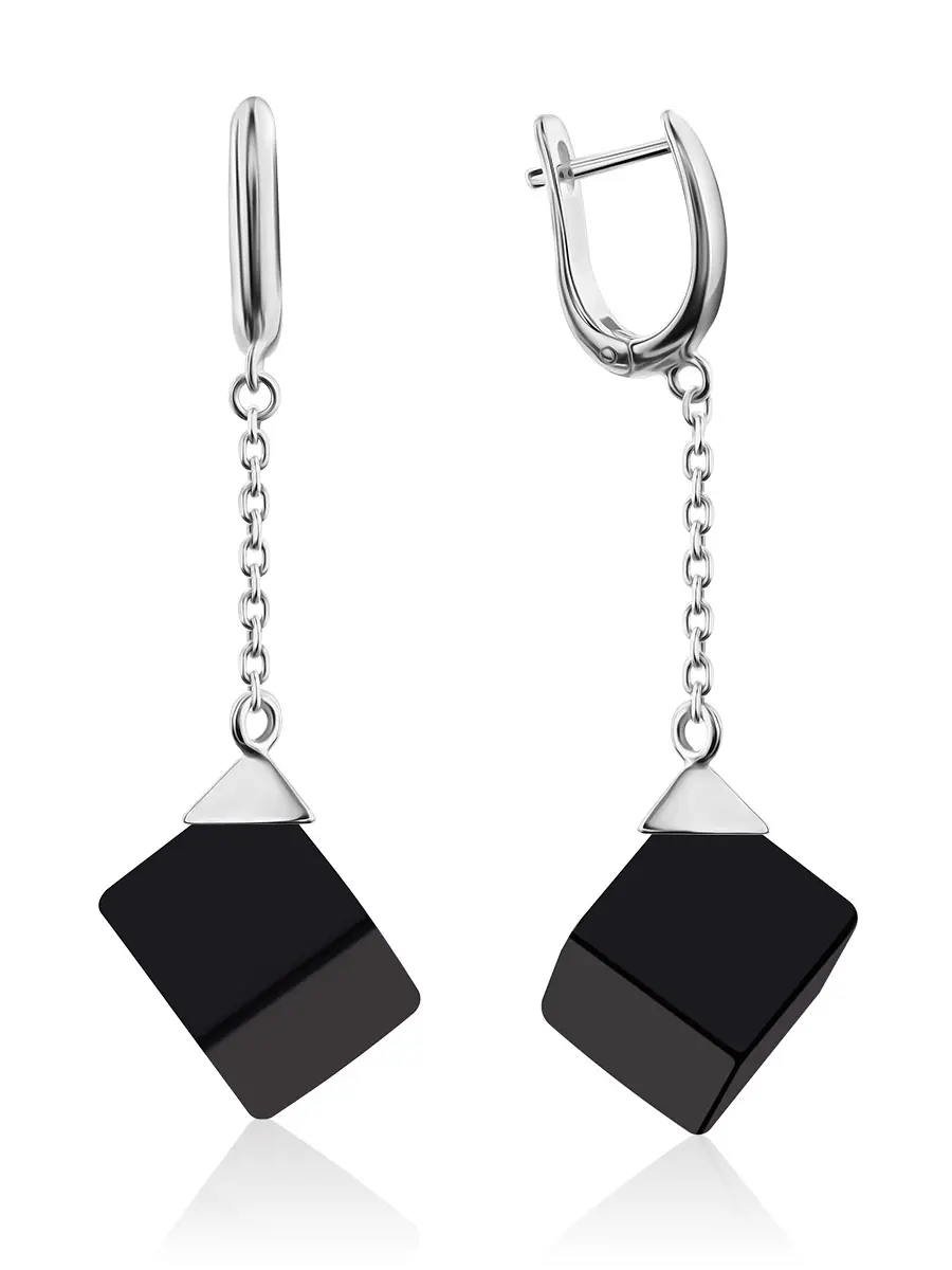 картинка Яркие серьги из серебра и тёмного янтаря на цепочках «Рафинад» в онлайн магазине