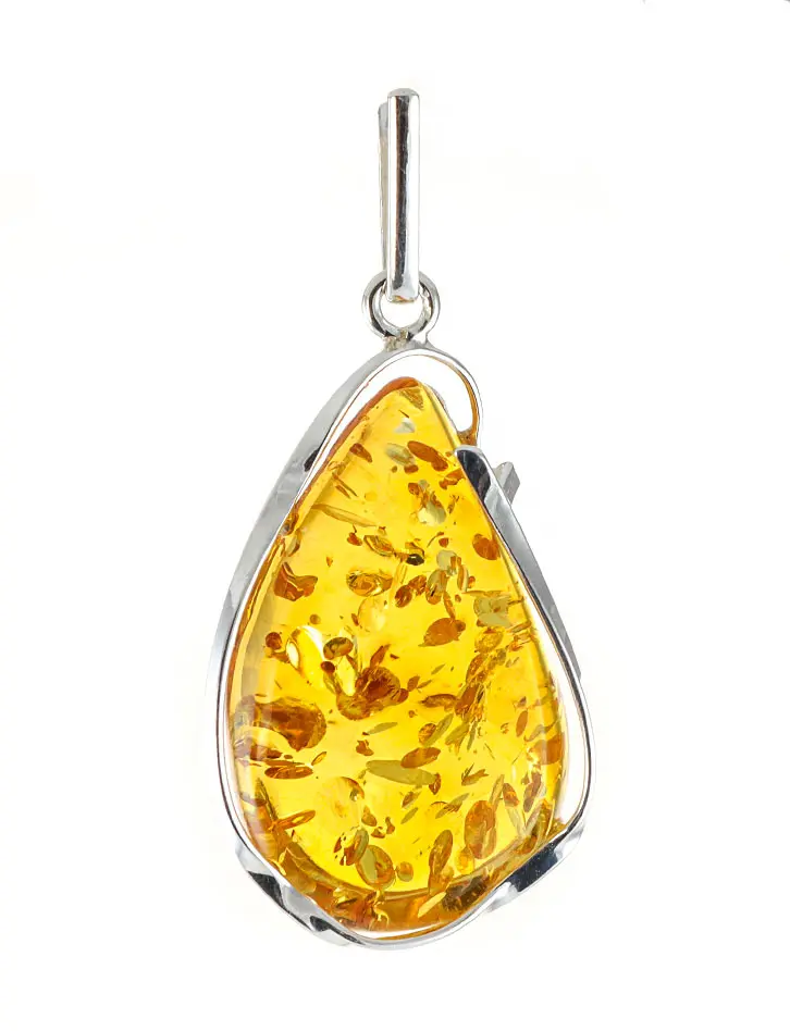 картинка Небольшая подвеска в форме капельки из натурального янтаря золотисто-коньячного цвета в серебре «Лагуна» в онлайн магазине