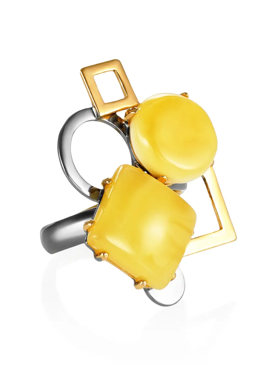 картинка Необычное кольцо в геометрическом дизайне с медовым янтарём «Пикассо» в онлайн магазине