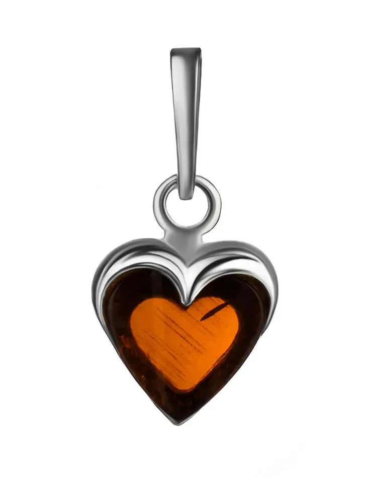 картинка Маленькая подвеска в форме сердца из серебра и цельного коньячного янтаря в онлайн магазине