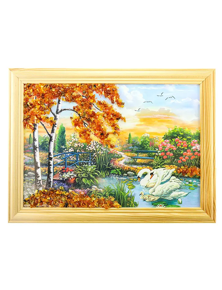 картинка Горизонтальная картина с янтарём «Лебеди» среднего формата в онлайн магазине