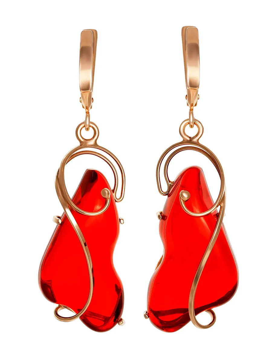 картинка Красивые изящные серьги из позолоченного серебра и красного янтаря «Риальто» в онлайн магазине