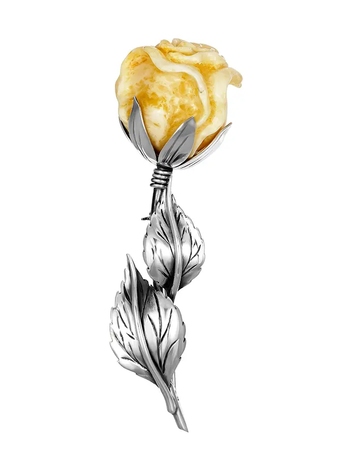 картинка Изящная брошь с натуральным янтарём медового цвета «Роза» в онлайн магазине