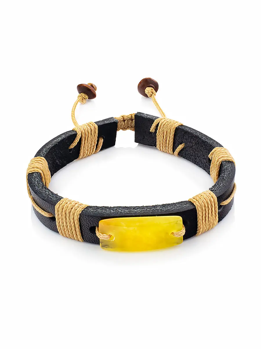 картинка Стильный браслет из кожи и натурального цельного янтаря «Копакабана» в онлайн магазине
