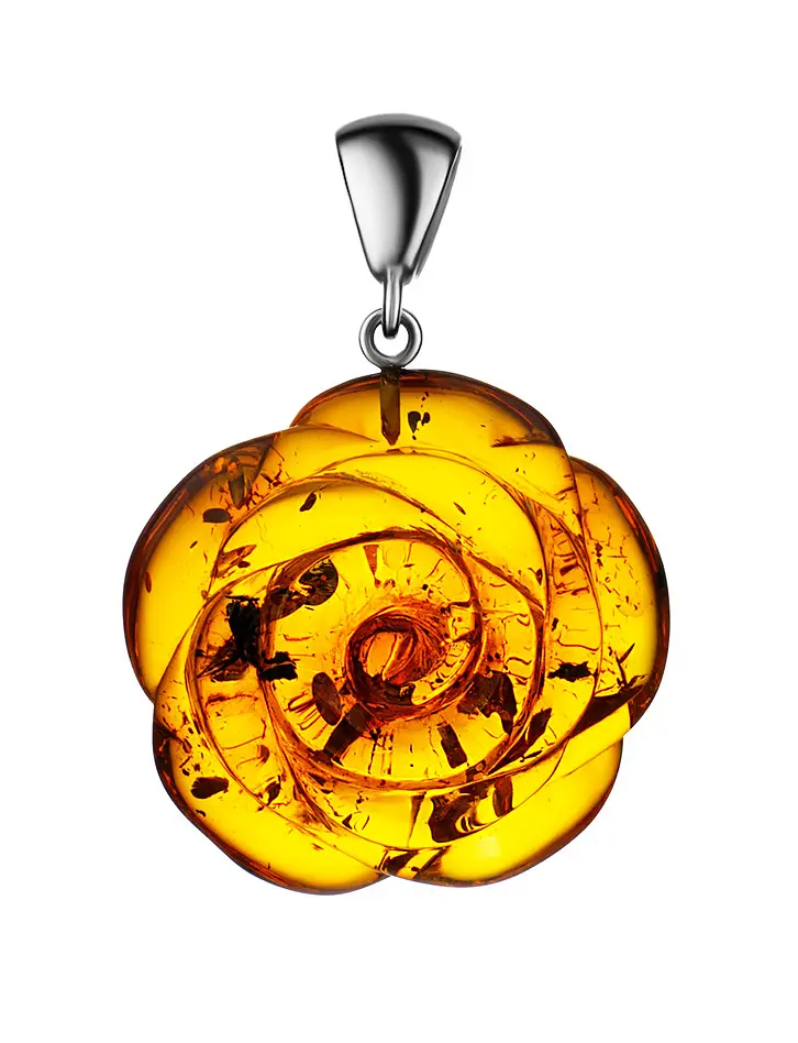 картинка Очаровательный резной кулон из янтаря золотисто-коньячного цвета «Роза» в онлайн магазине