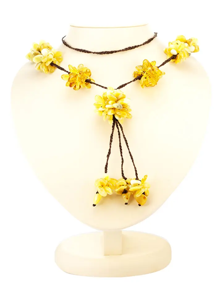 картинка Стильное колье-галстук из натурального балтийского медового и лимонного янтаря «Хризантема» в онлайн магазине