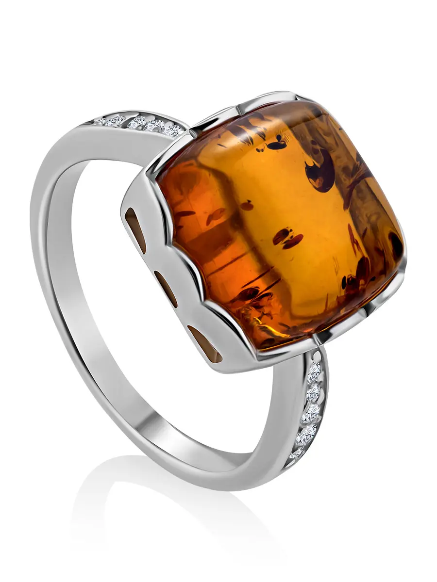картинка Эффектное кольцо «Ренессанс» с янтарём и фианитами в онлайн магазине