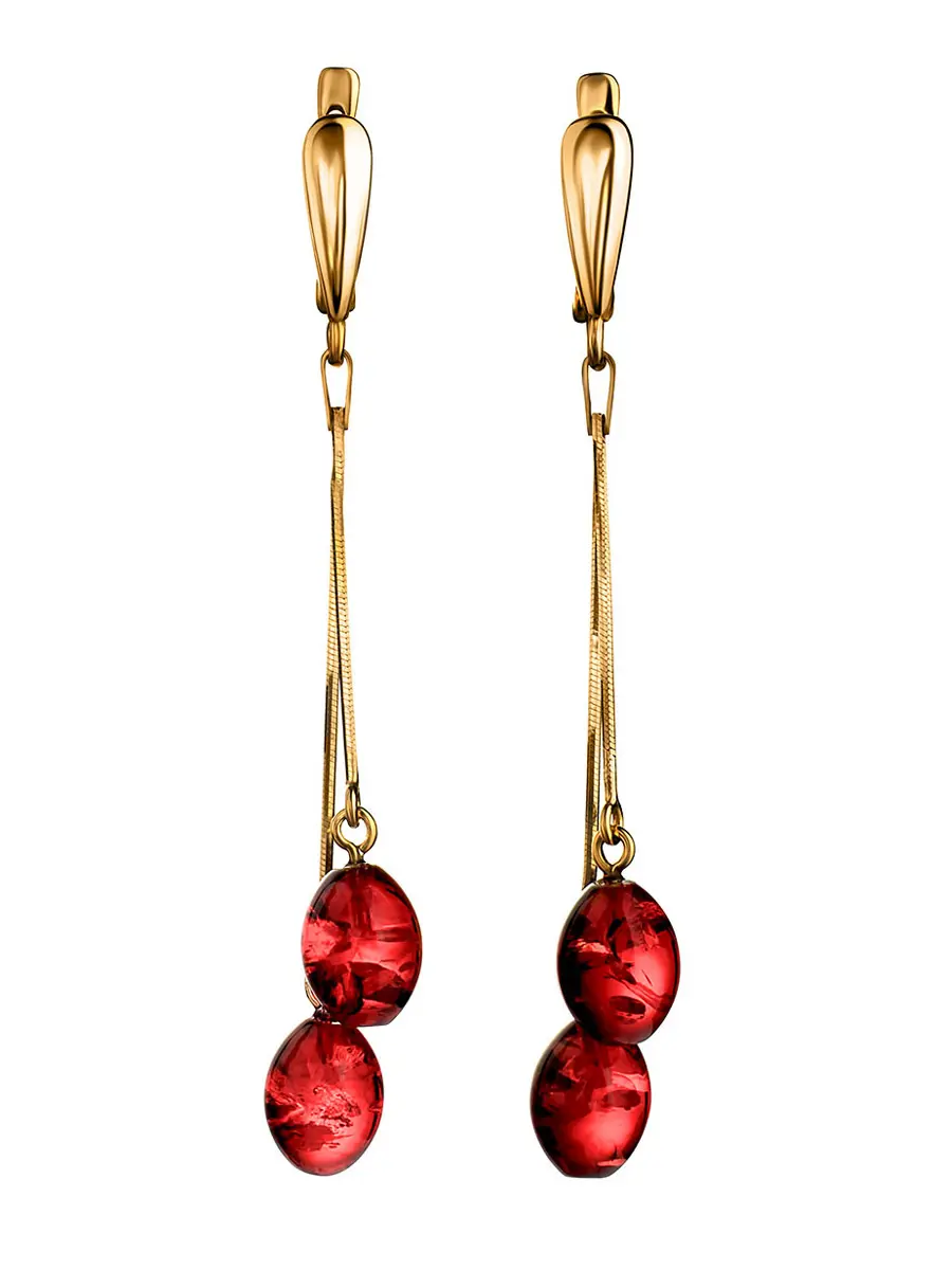 картинка Нарядные позолоченные серьги с ярко-красным янтарём «Рябина» в онлайн магазине