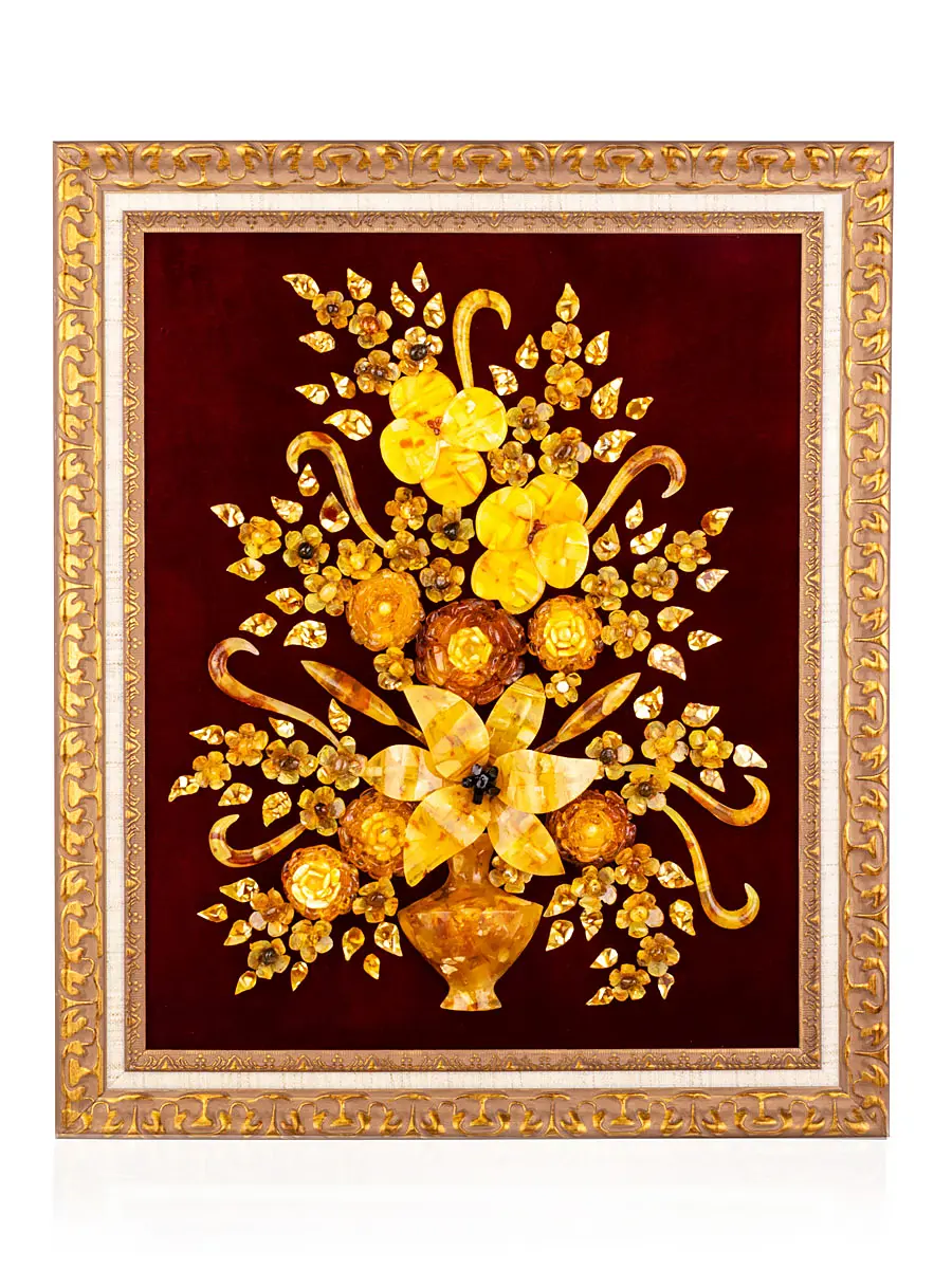 картинка Потрясающая картина из натурального янтаря на бордовом бархате «Букет со стрекозой» 59 см х 49 см в онлайн магазине