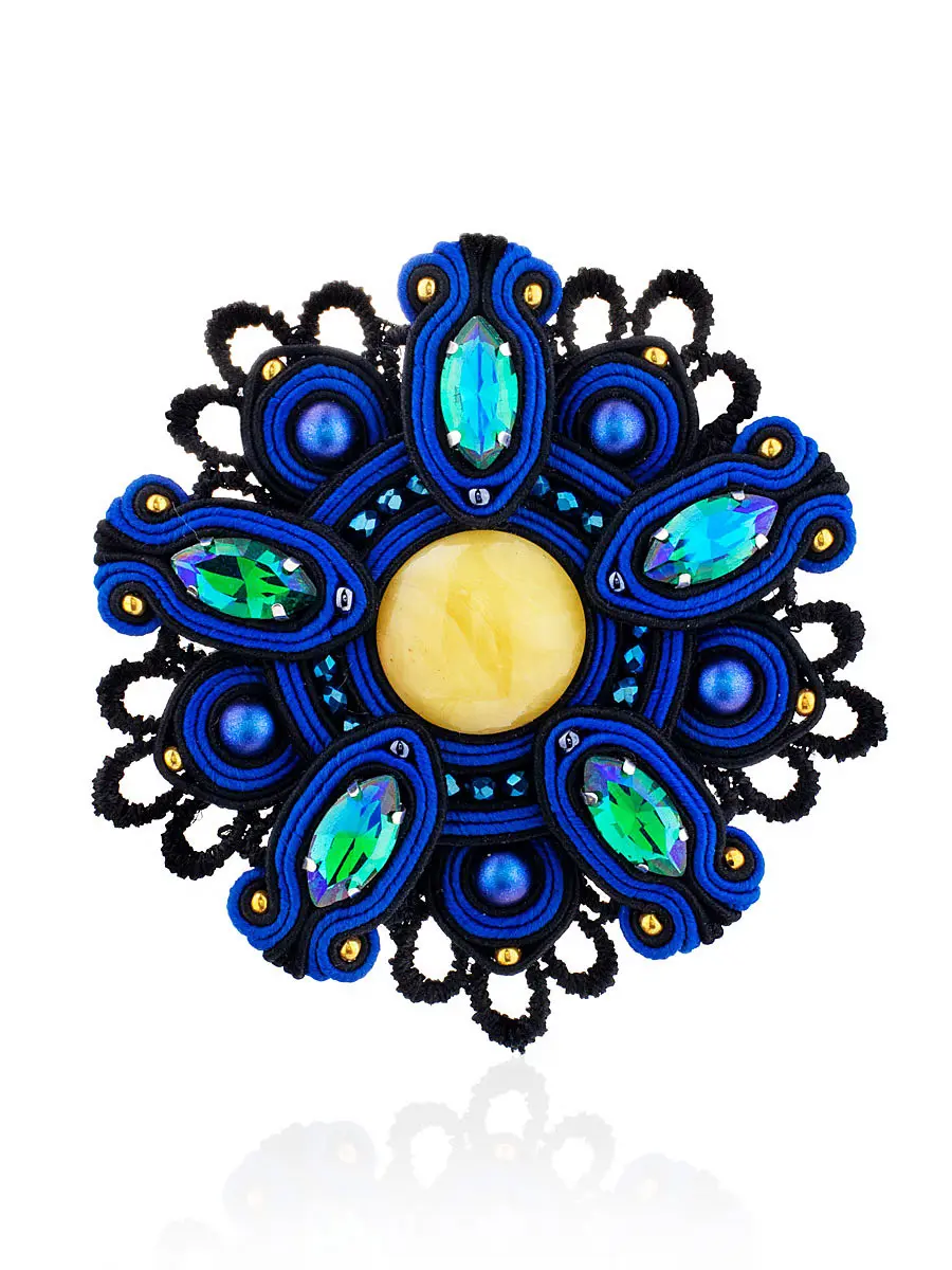 картинка Красивая крупная брошь «Индия», украшенная кристаллами и натуральным янтарём в онлайн магазине