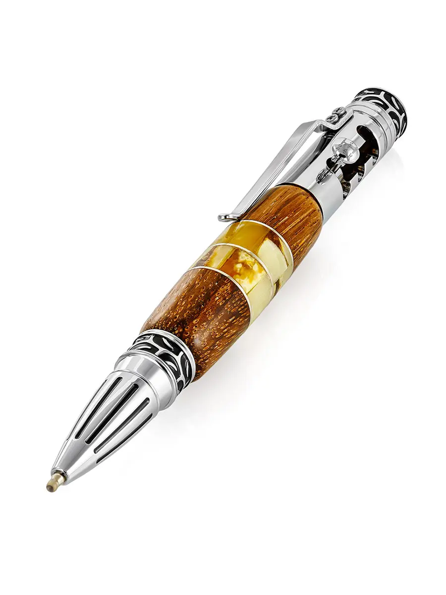 картинка Необычная ручка, украшенная деревом и натуральным янтарём в онлайн магазине