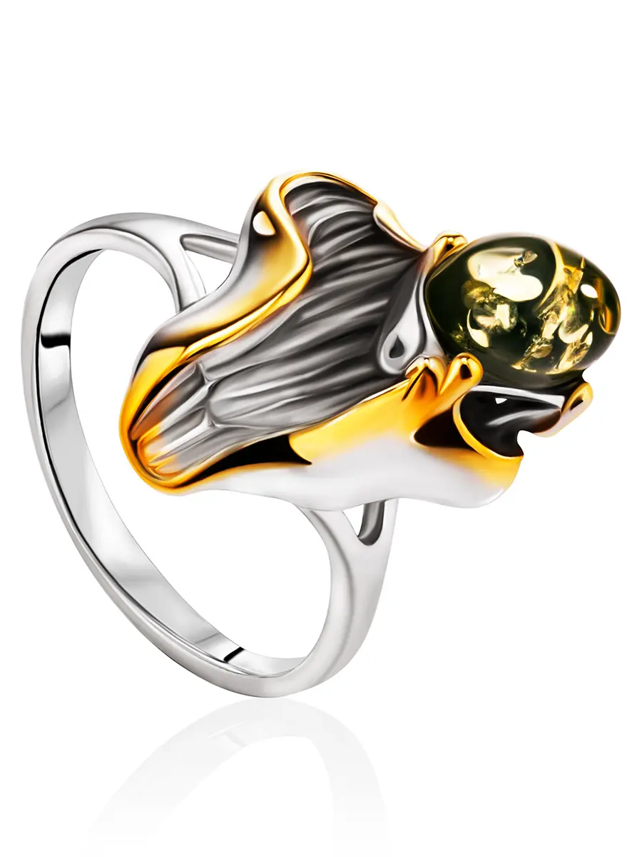 картинка Яркое кольцо, украшенное зеленым янтарём «Моне» в онлайн магазине