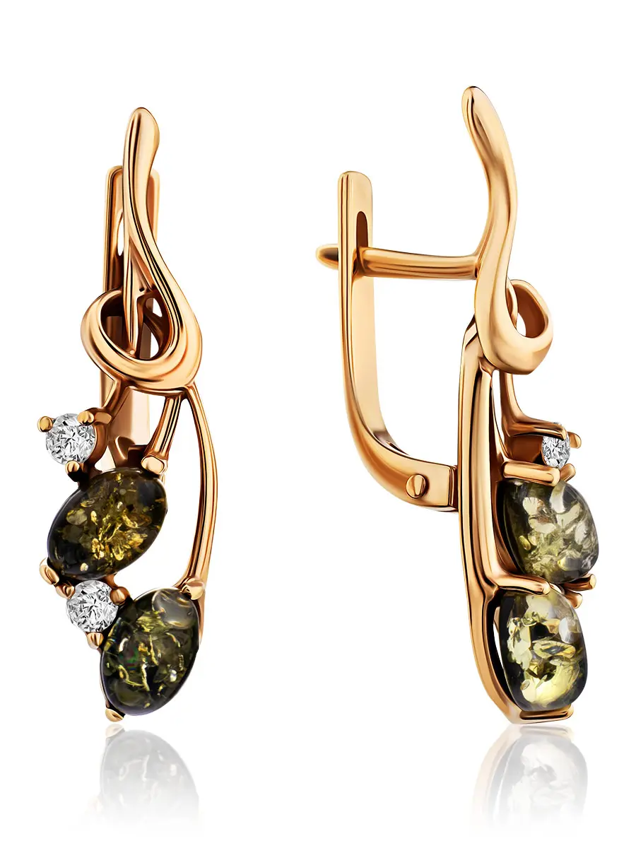 картинка Изысканные серьги «Олеандр» из золота с зелёным янтарём и кристаллами в онлайн магазине
