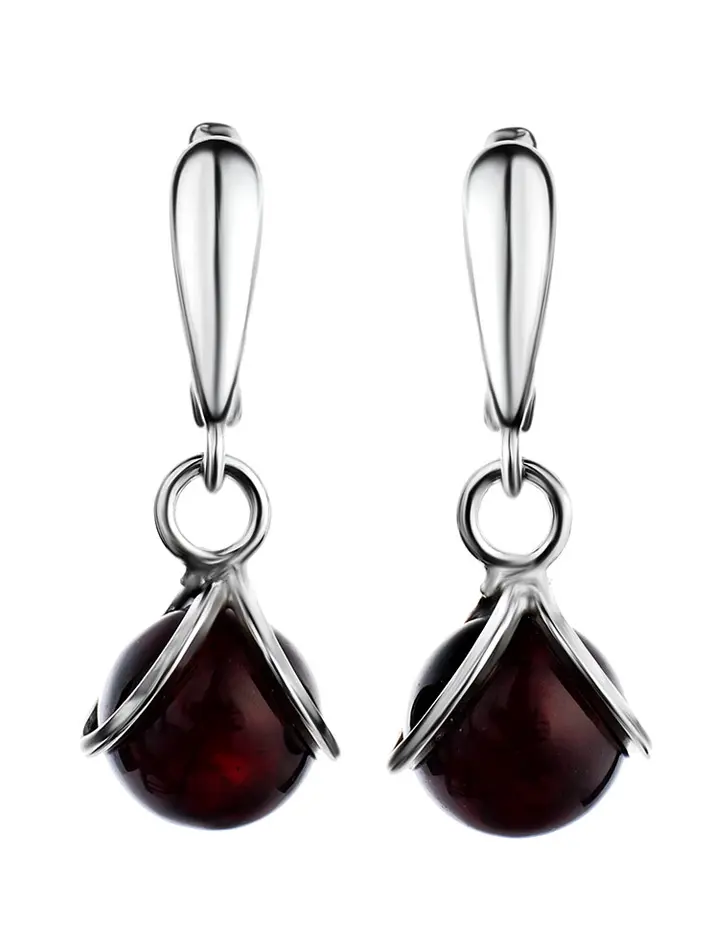 картинка Нарядные серьги из серебра с тёмно-вишневым янтарем «Валенсия» в онлайн магазине