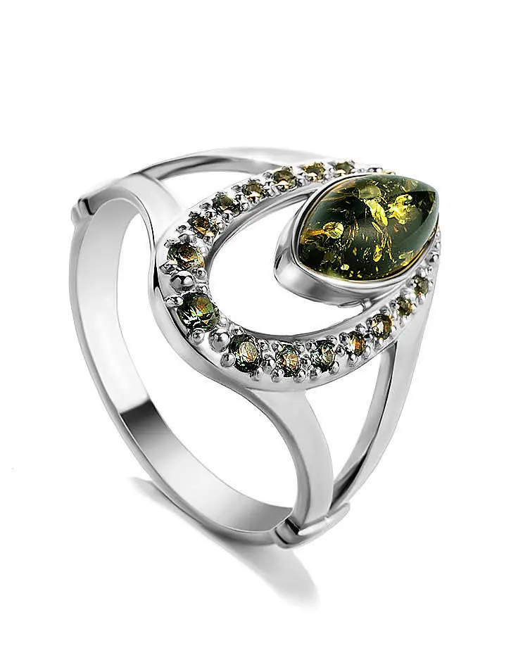 картинка Искрящееся серебряное кольцо, украшенное фианитами и натуральным зелёным янтарём «Ренессанс» в онлайн магазине