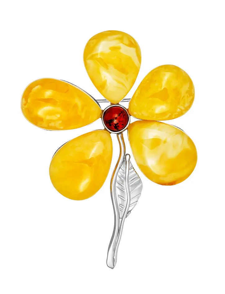 картинка Крупная эффектная брошь «Цветок» из серебра и натурального медового янтаря в онлайн магазине