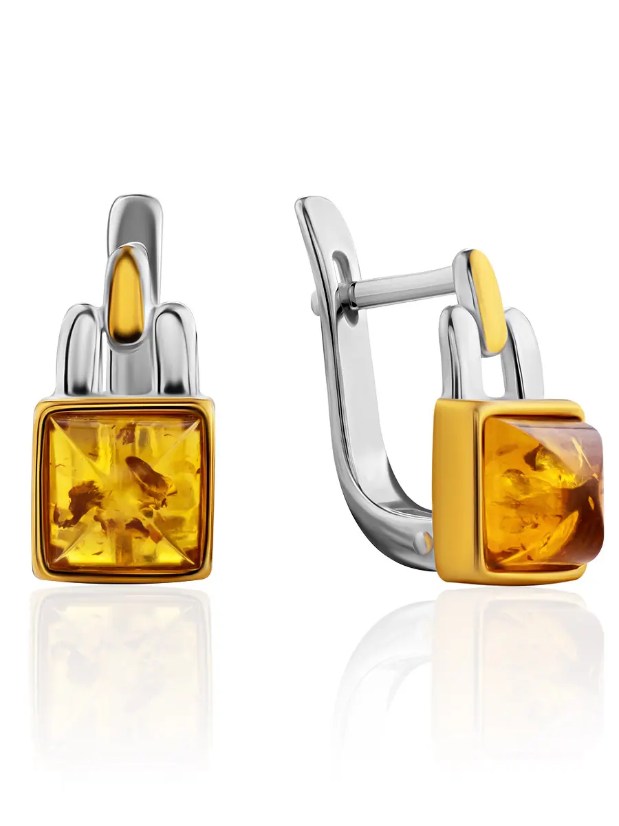 картинка Стильные серьги из позолоченного серебра и натурального янтаря «Лозанна» в онлайн магазине