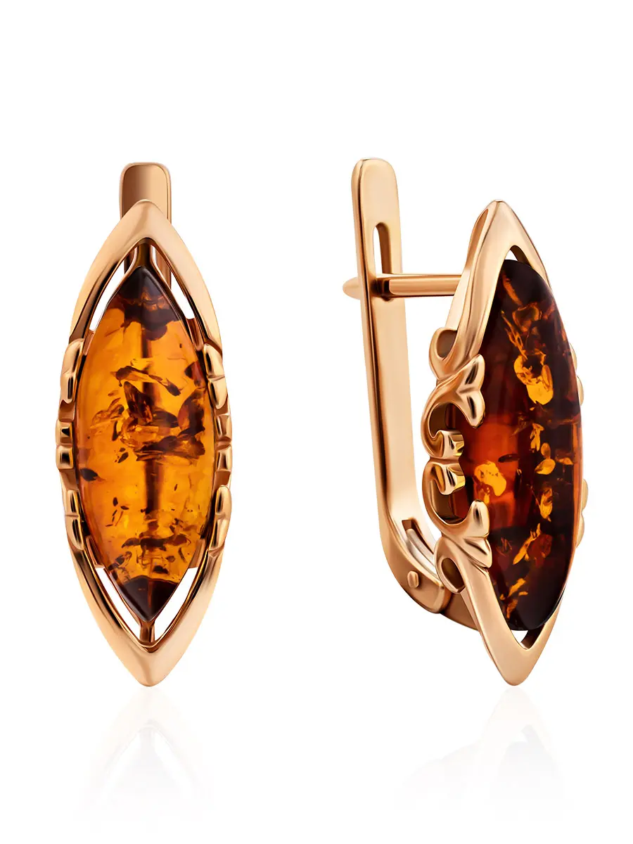 картинка Изысканные золотые серьги с натуральным коньячным янтарём «Годива» в онлайн магазине