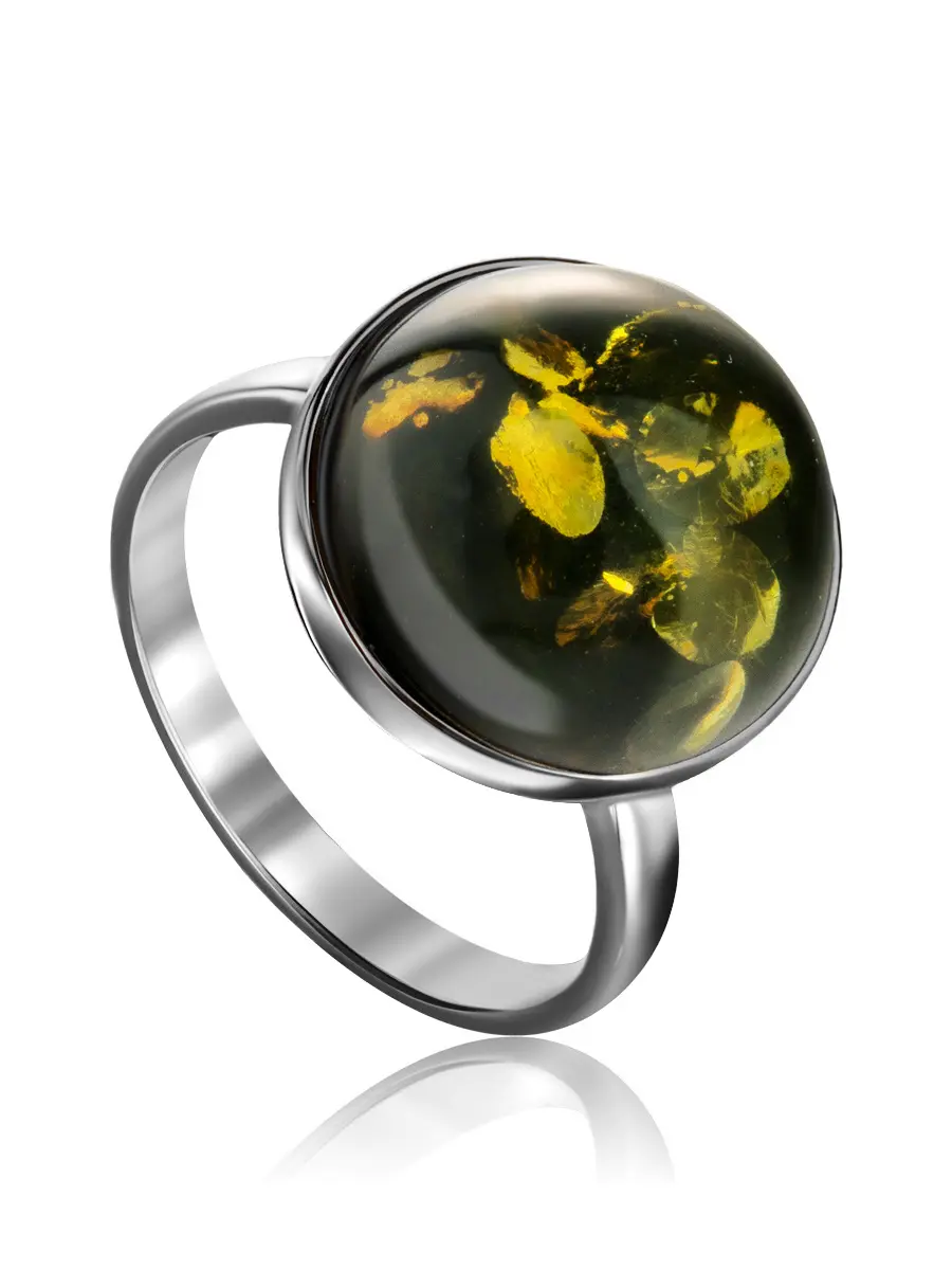 картинка Стильное кольцо «Сорбонна» из серебра и зелёного янтаря в онлайн магазине