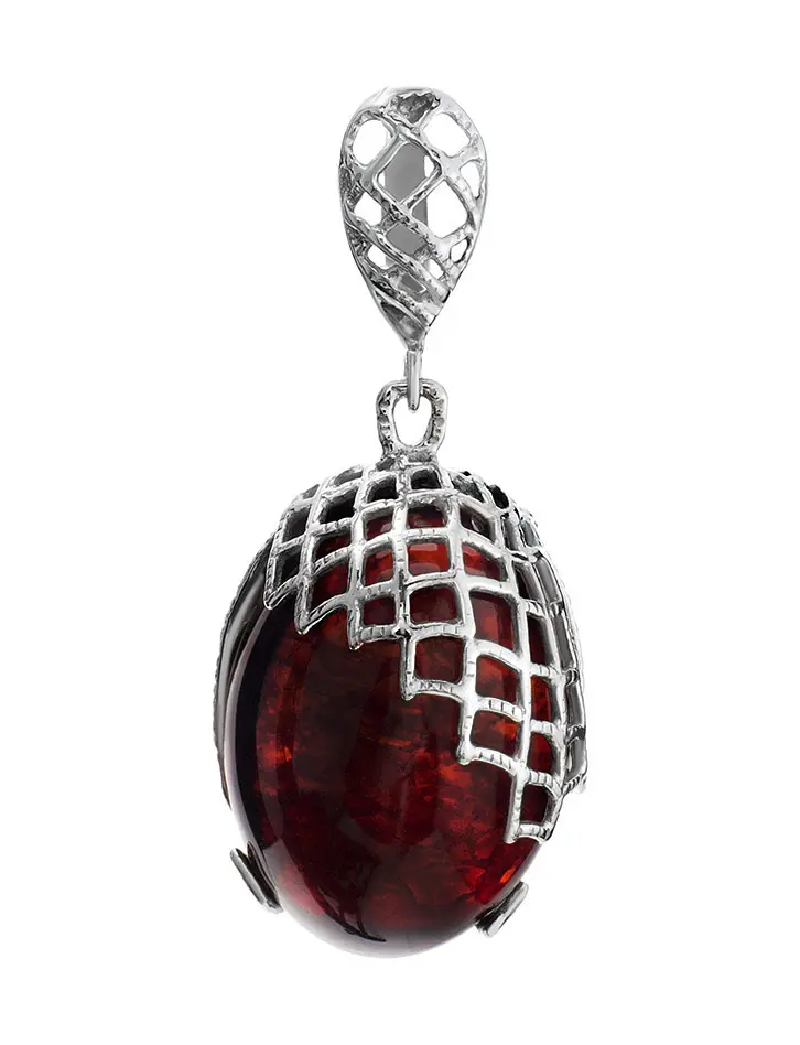 картинка Оригинальный серебряный кулон «Паутинка» с натуральным вишнёвым янтарём в онлайн магазине