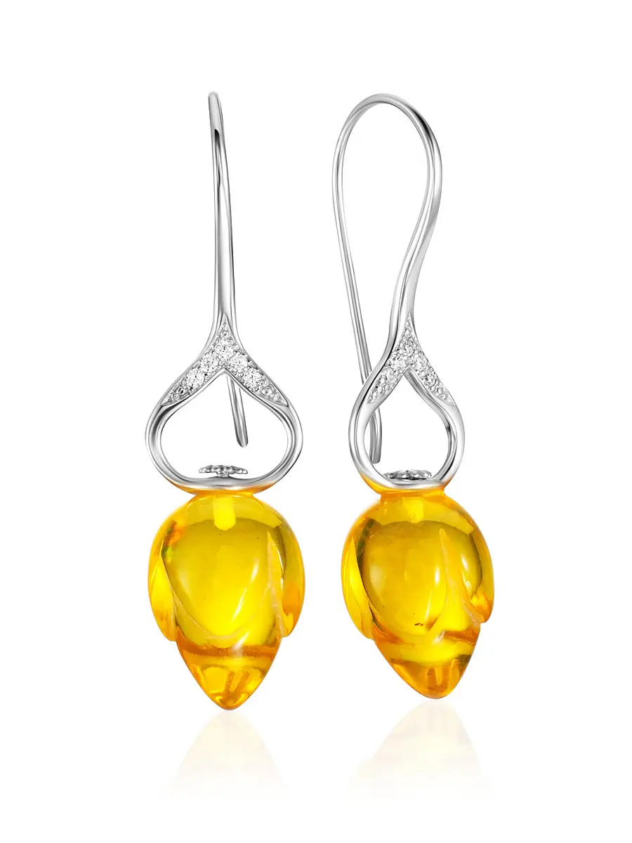 картинка Нежные серьги-крючки «Тюльпан» с янтарём лимонного цвета и фианитами в онлайн магазине
