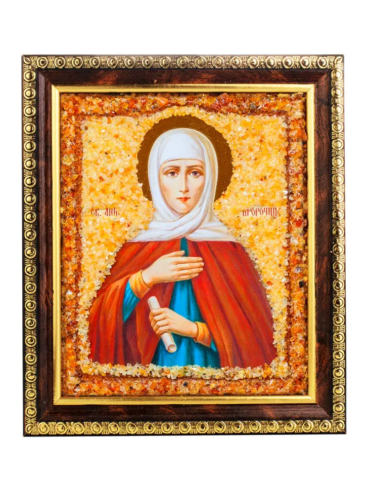 картинка Именная икона, украшенная натуральным янтарём «Святая пророчица Анна» в онлайн магазине