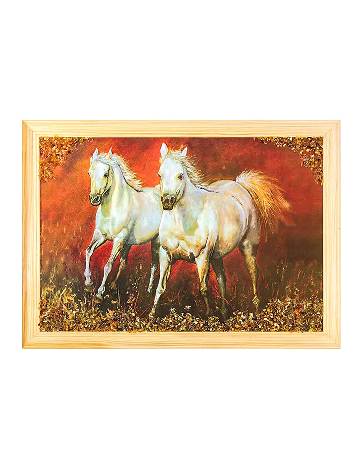 картинка Картина с двумя лошадьми, украшенная балтийским янтарём 23 (В) х 32 (Ш) в онлайн магазине