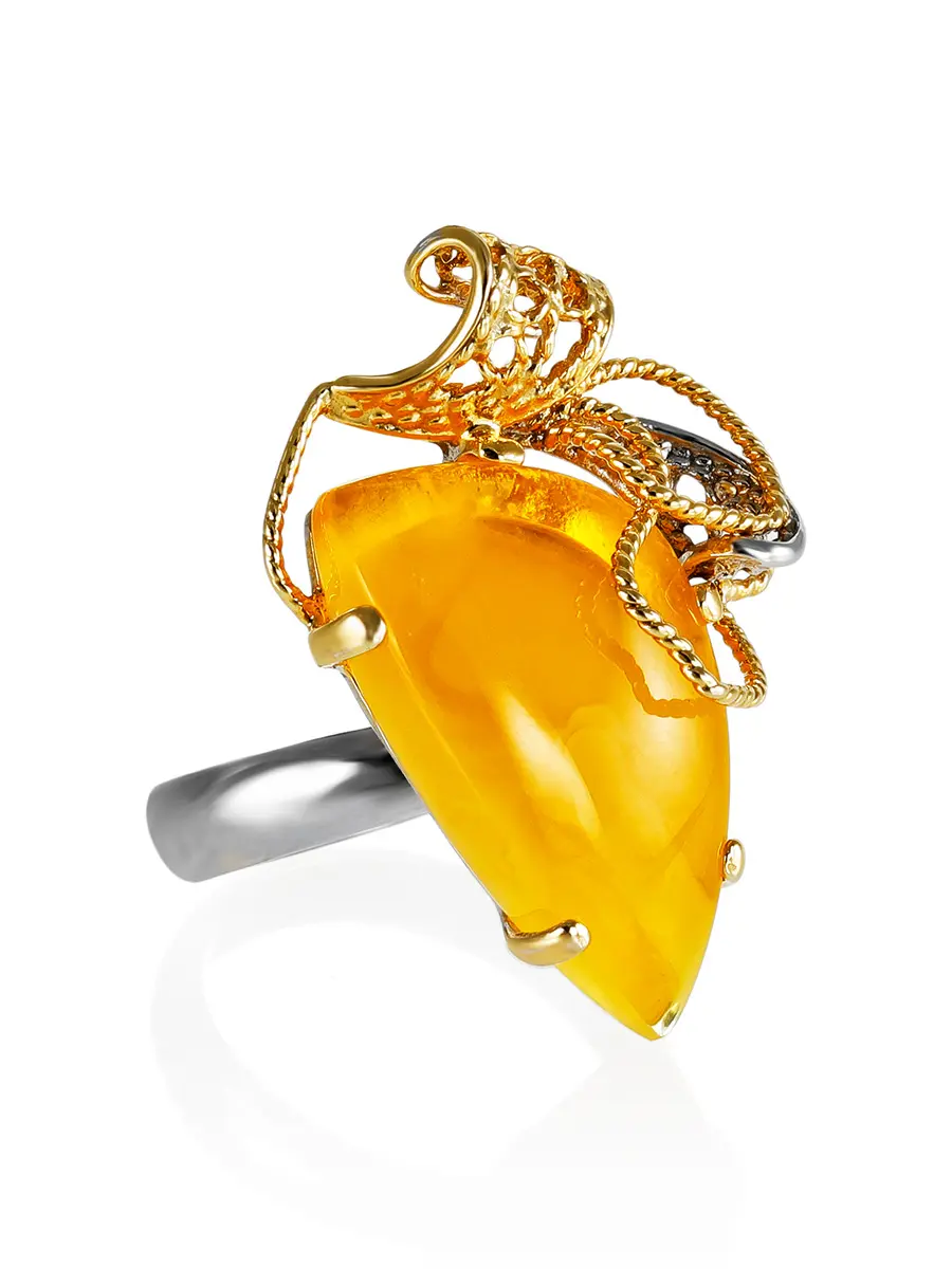 картинка Роскошное кольцо из серебра с позолотой и натурального янтаря «Филигрань» в онлайн магазине