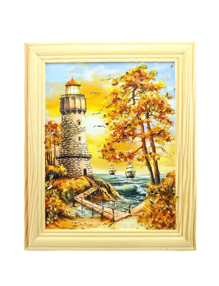 картинка «Старый маяк». Небольшая вертикально ориентированная картина, украшенная янтарем в онлайн магазине