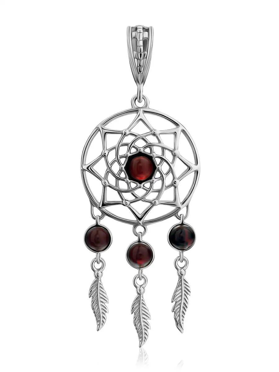картинка Ажурный кулон из серебра и натурального янтаря «Ловец снов» в онлайн магазине