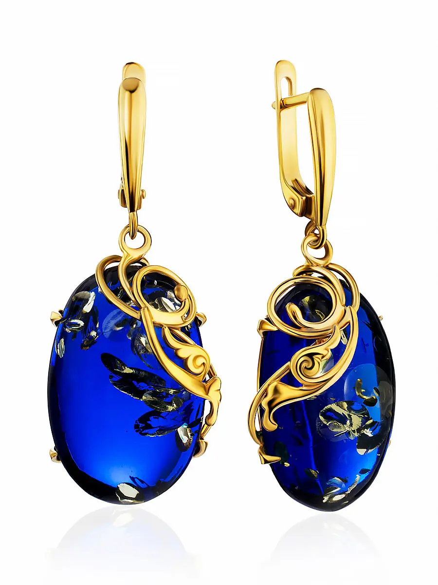 картинка Серьги из позолоченного серебра и необычного синего янтаря «Версаль» в онлайн магазине