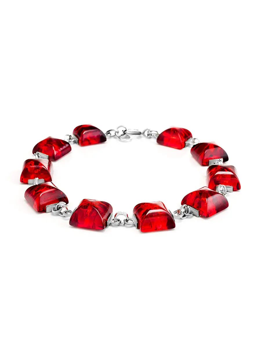 картинка Серебряный браслет «Овация», украшенный янтарём ярко-красного цвета в онлайн магазине