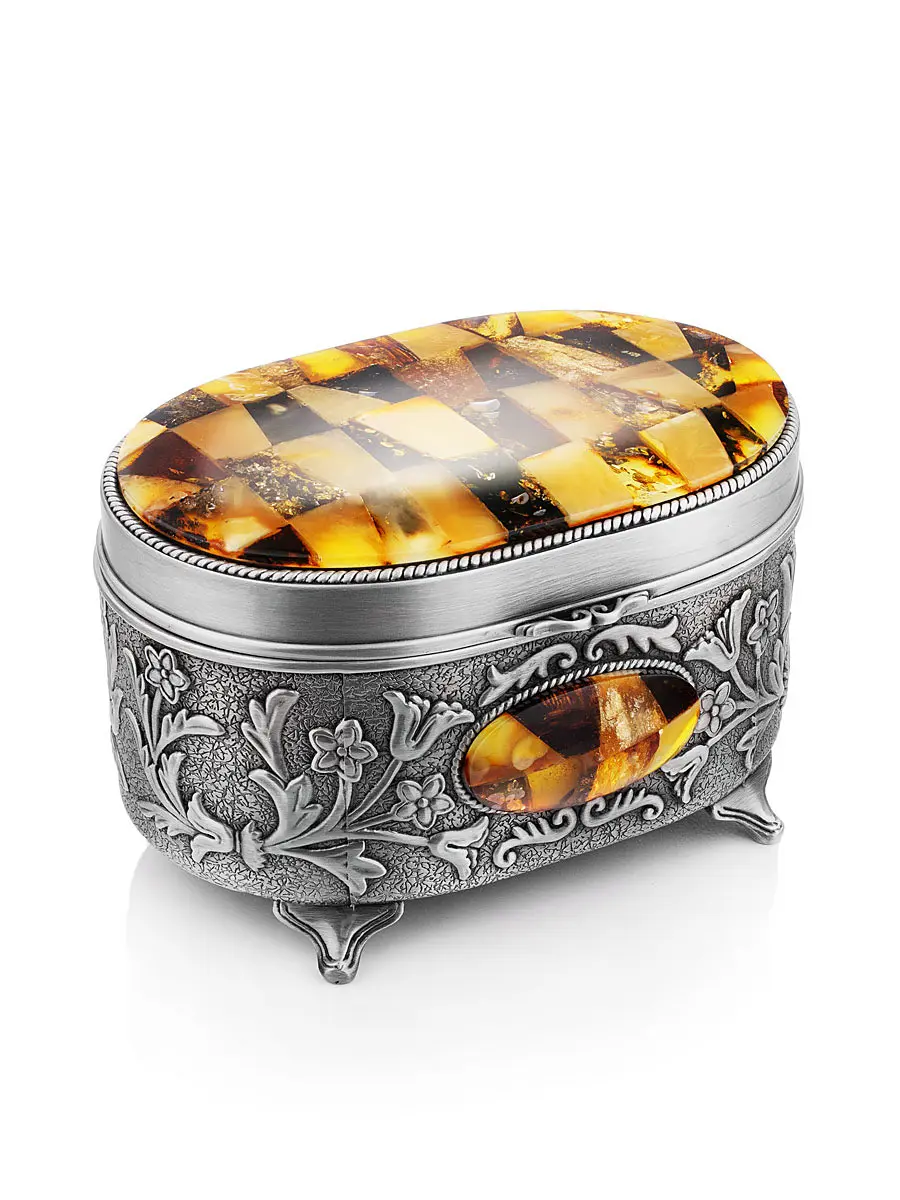 картинка Красивая шкатулка для ювелирных изделий, украшенная янтарной мозаикой в онлайн магазине