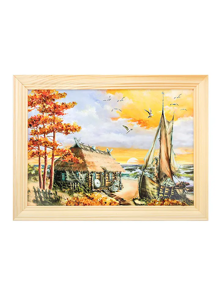 картинка Украшенное балтийским янтарём декоративное панно «Домик рыбака» в онлайн магазине
