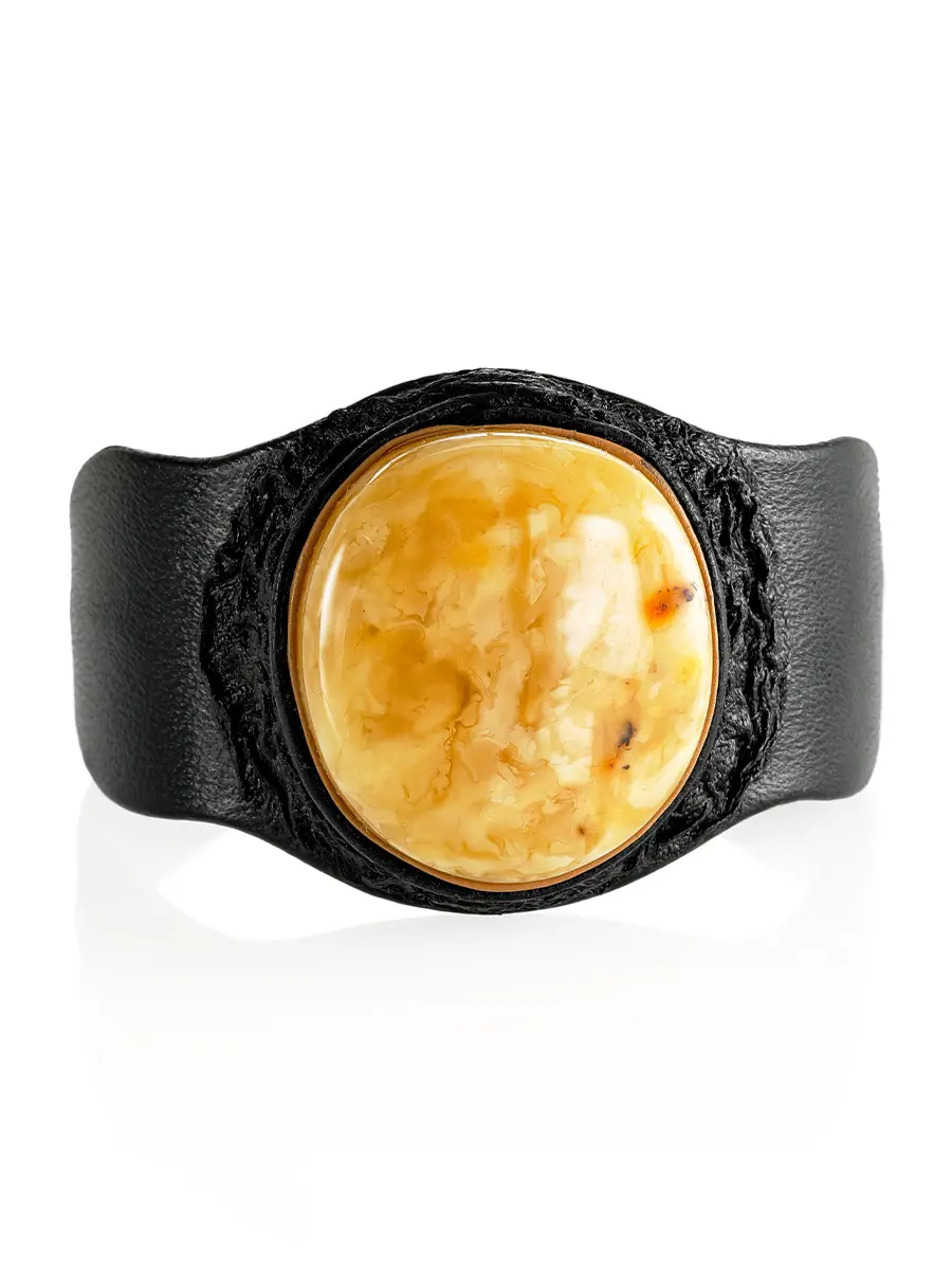 картинка Эффектный браслет из натуральной кожи и янтаря «Амазонка» в онлайн магазине